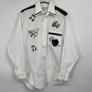 Marquis Womens White Bedazzled Piano Magic Music Embroidered Button Up Shirt Blo
